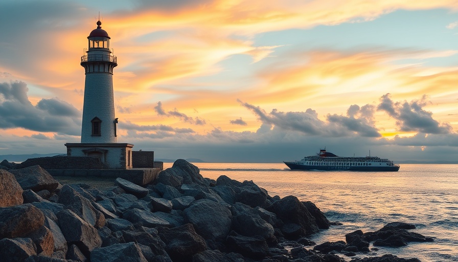 Lighthouse and ferry at sunset on a rocky coast for travel inspiration.