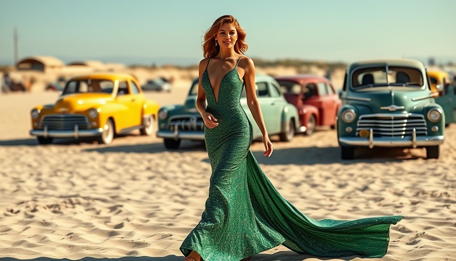 Elegant woman on beach with vintage cars, smooth scene.