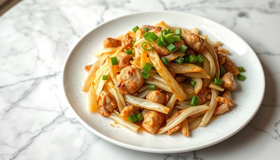 Delicious chicken and cabbage stir-fry with green onions on marble table.