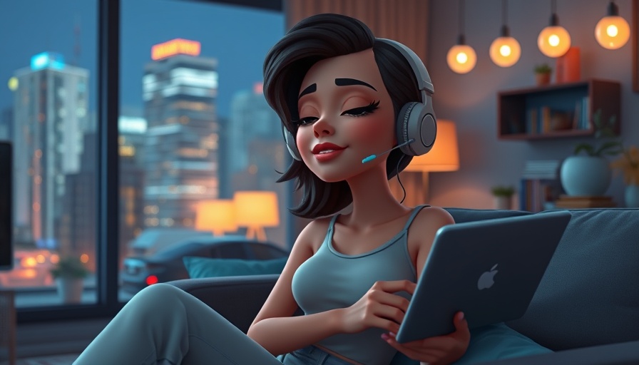 Stylish cartoon woman in cozy room, enjoying relaxing music for yoga.