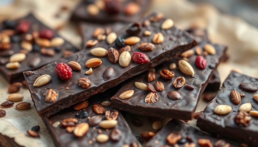 Dark chocolate flax bark with seeds and berries on parchment.