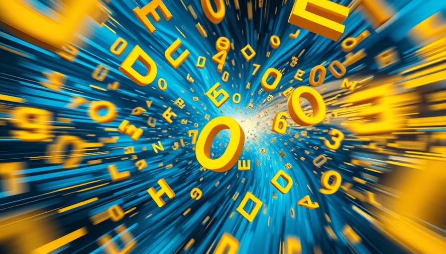 Abstract art with floating letters and numbers in blue and yellow, generative AI.