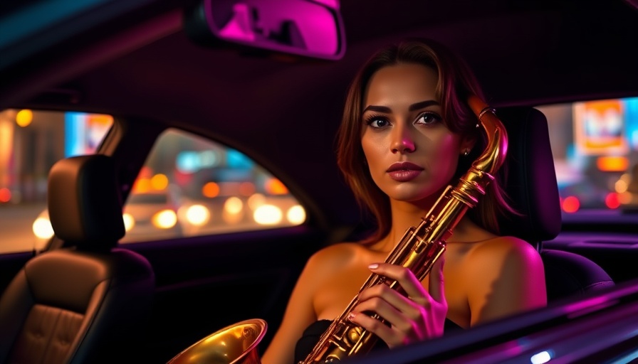Elegant woman with saxophone during night drive with jazz ambiance