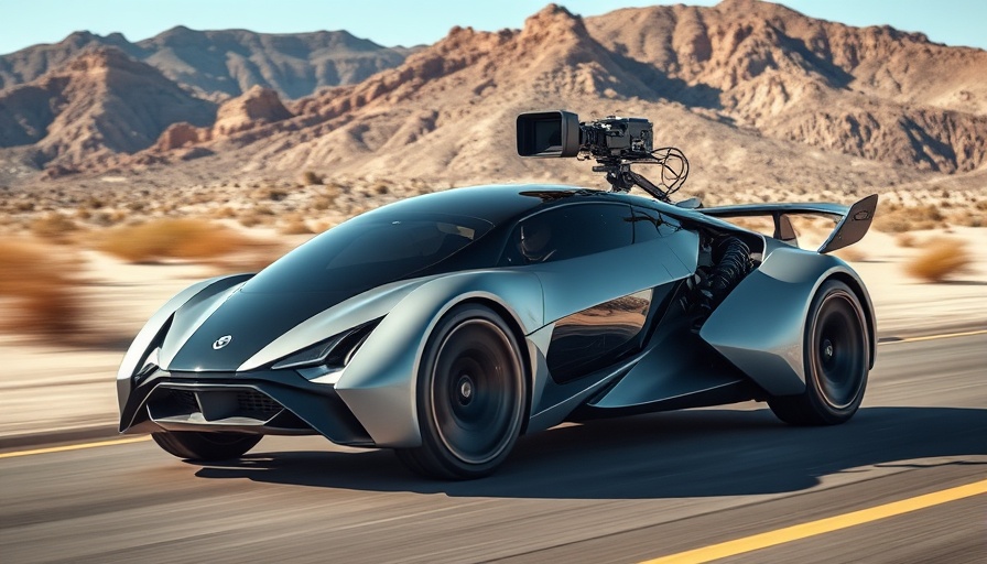 Futuristic vehicle with motion capture equipment driving on a road.