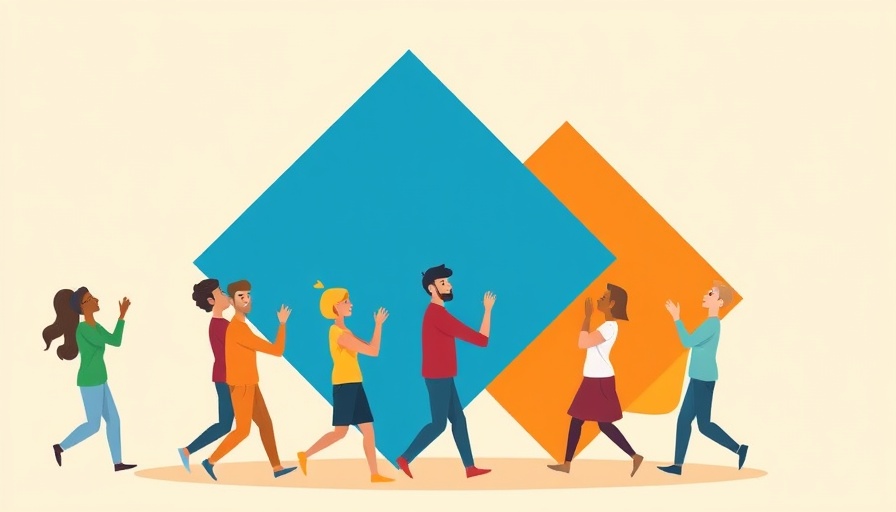 Cartoon workers carrying shapes, symbolizing employee buy-in for strategic change.