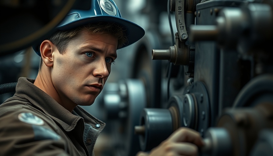 Industrial worker inspecting machinery, showcasing upskilling in a factory setting.