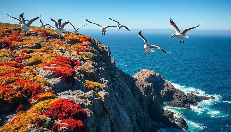 Coastal cliffs with flying seabirds in Fife.
