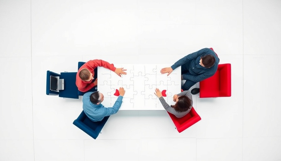 Engaged groups at puzzle piece table in effective meeting.