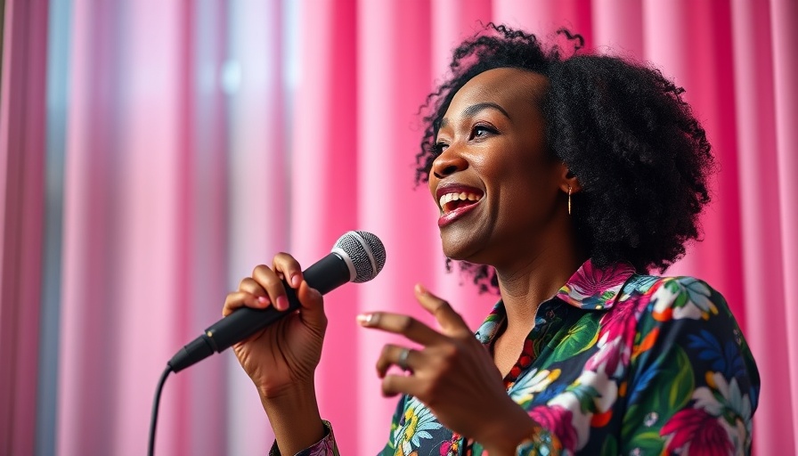 Woman speaking in front of a microphone with a pink background.