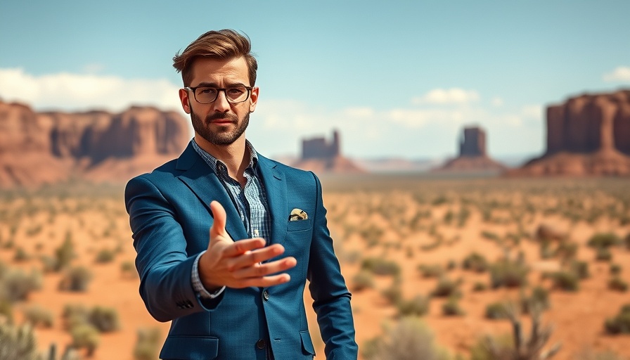 Confident young man in blue suit with desert backdrop.