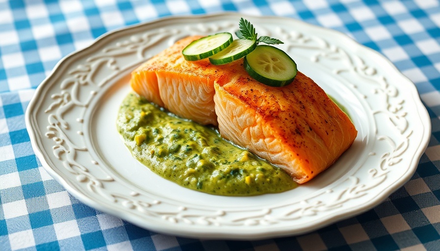 Crispy Salmon with Avocado Sauce elegantly plated on a white dish.