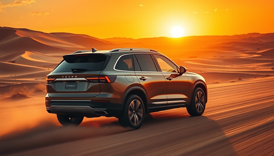 Modern SUV in desert with sunset, showcasing AI and Gaussian splats in automotive content creation.