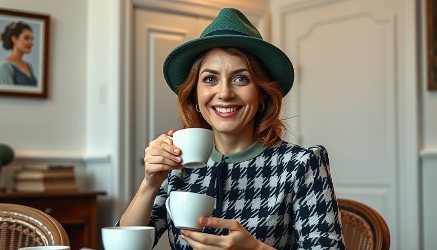 Smiling African woman in houndstooth dress and green hat having tea indoors.