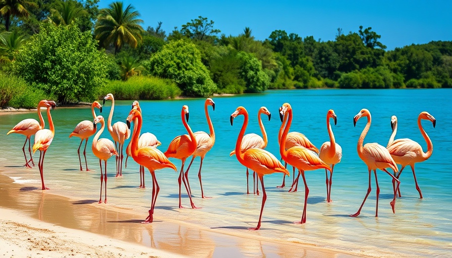 Vibrant flamingos by a Caribbean lagoon illustrating wildlife.