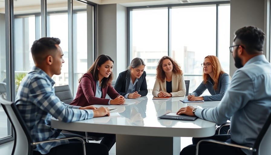 Professionals discussing delegation decisions in a modern office space