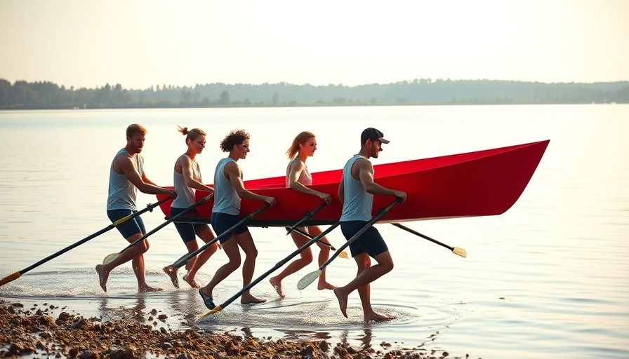 Focused rowers carrying a red boat at a lake, symbolizing teamwork and decision delegation.