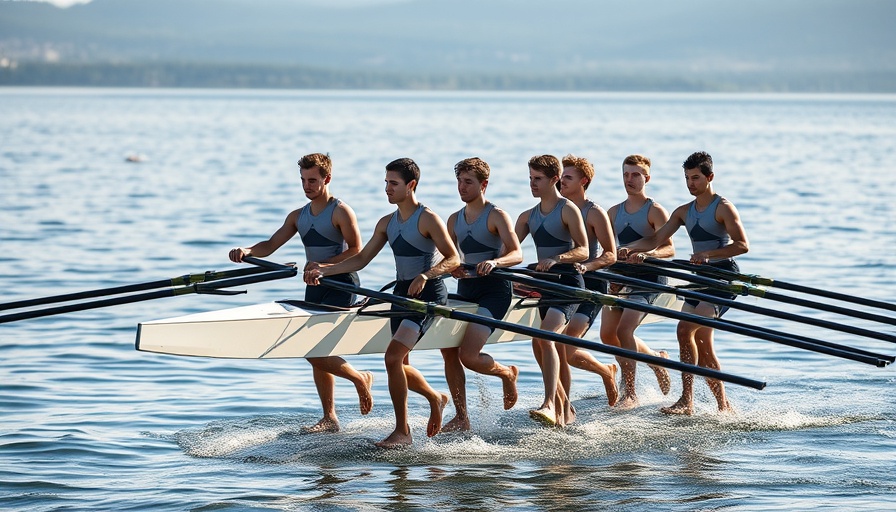 Rowing team in sync carrying a boat, teamwork concept.