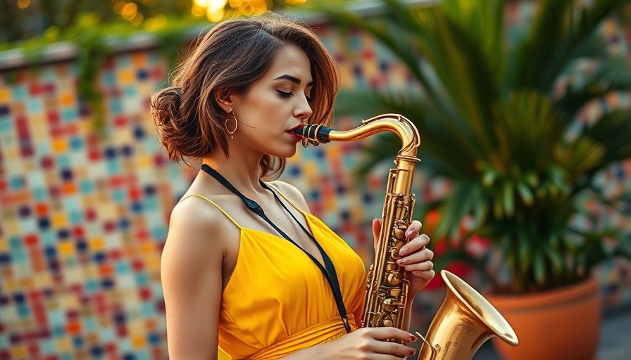 Elegant saxophonist in yellow dress, playing in a scenic, colorful setting, Chill R&B and Jazz Saxophone.