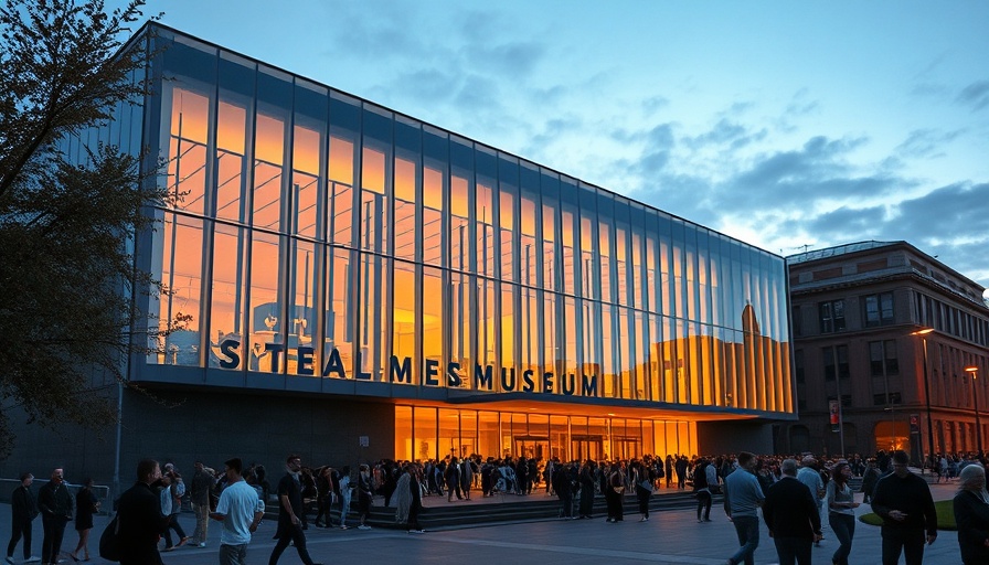 Visitors at the National WWII Museum entrance, evening view.