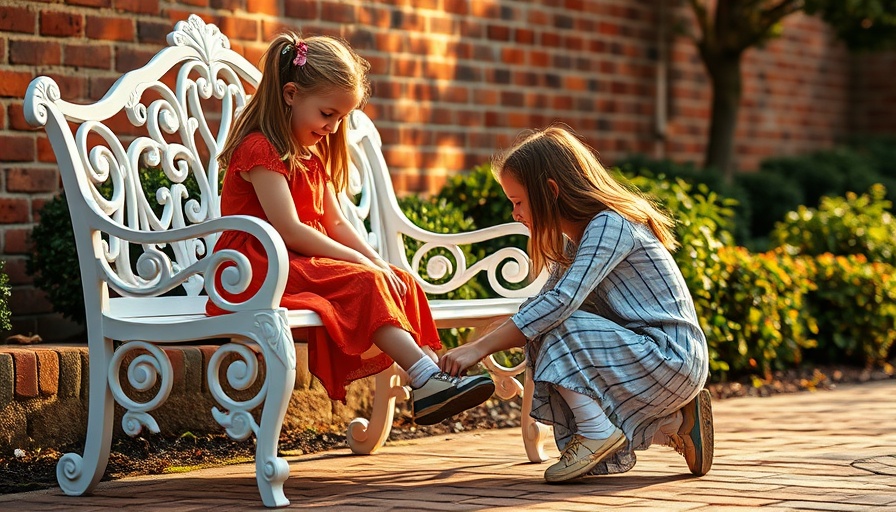 Two girls sharing a moment of kindness by tying a shoe on Random Acts of Kindness Day.