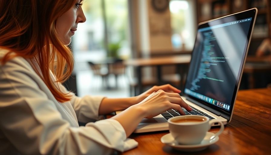 Focused woman in cafe working on laptop, essential development programs.