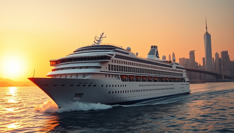 Majestic cruise ship at sunset near city skyline, a symbol of around-the-world cruises.
