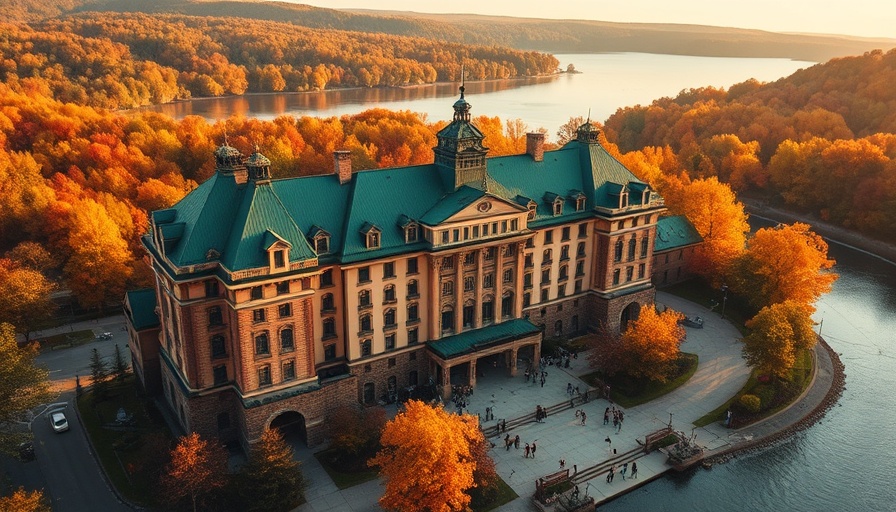 Majestic grand hotel by river during autumn in a lively setting.