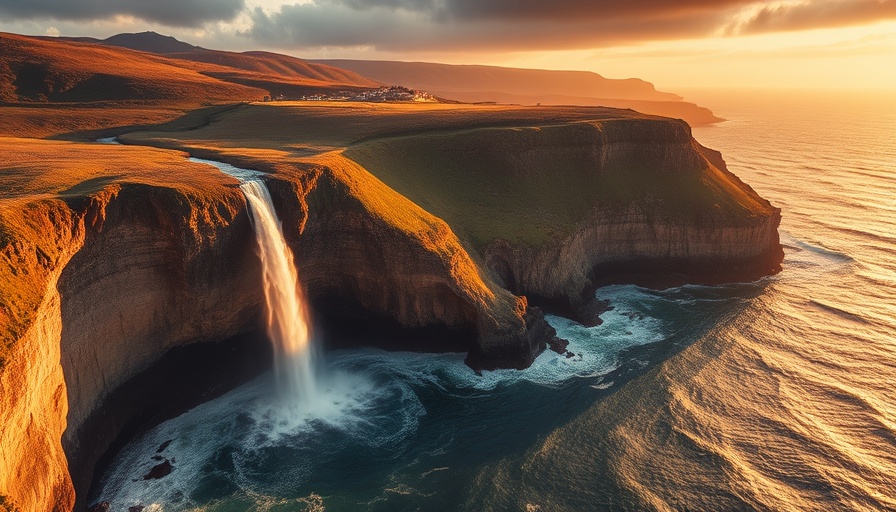 Majestic Faroe Islands coastline with a waterfall at sunrise.