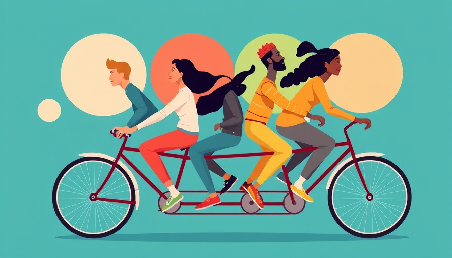 Illustration of diverse team on tandem bicycle, symbolizing Women in Business Leadership Development.