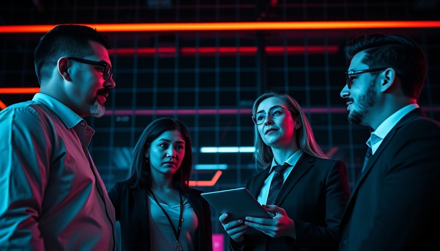 Futuristic team meeting enhanced by AI with neon lights.
