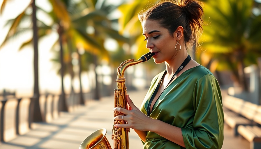 Stylish saxophonist playing on a sunlit boardwalk.