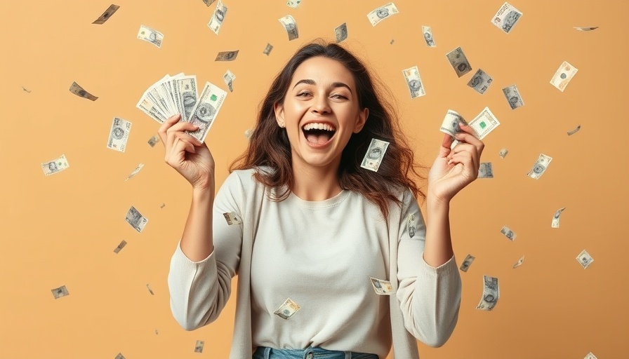 Woman joyfully surrounded by currency, raising capital in Africa.