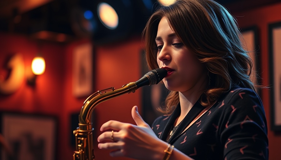 Female saxophonist performing passionately in a jazz club.