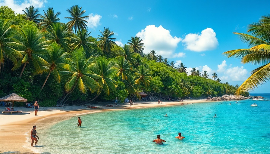 Jamaica travel inspiration: Tropical beach with people and vibrant scenery.