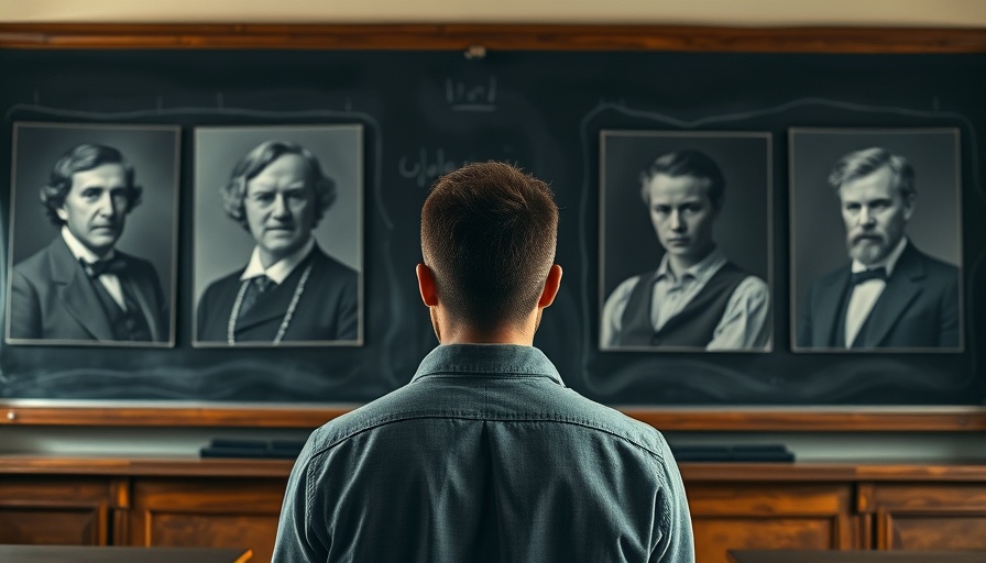 Man reflecting on black history portraits on a chalkboard.