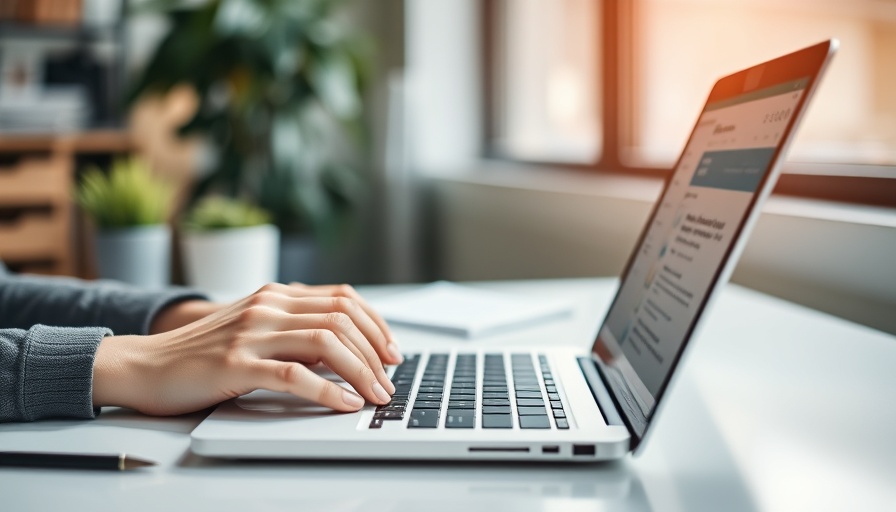Focused individual using laptop for email in modern office.