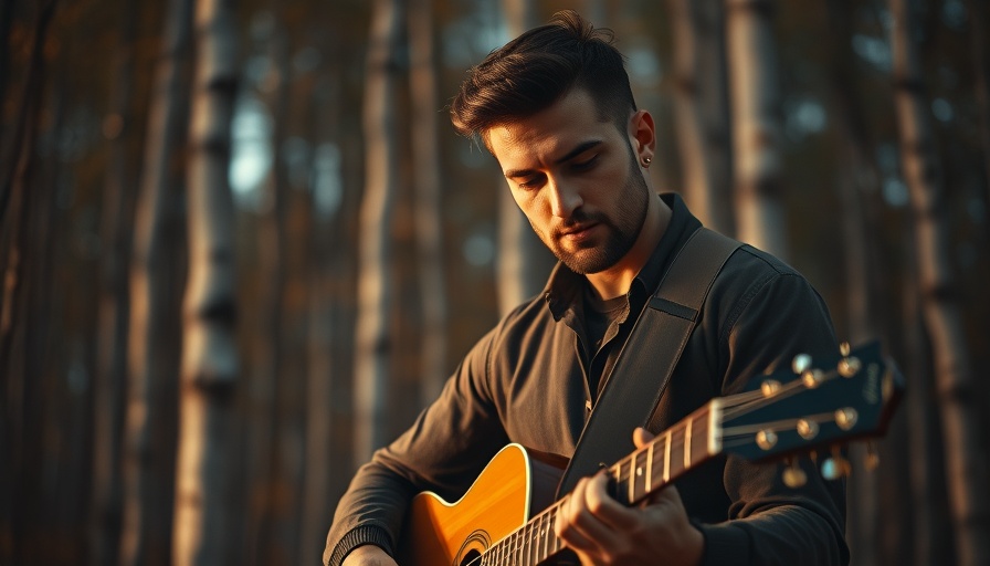 Stylish musician playing guitar in a forest, related to Amapiano music.