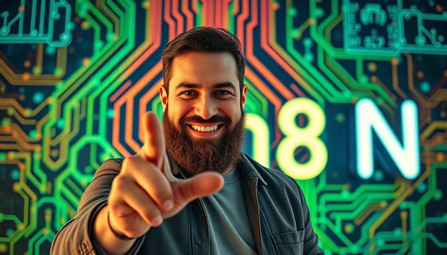 Confident man promoting n8n automation platform tutorial.