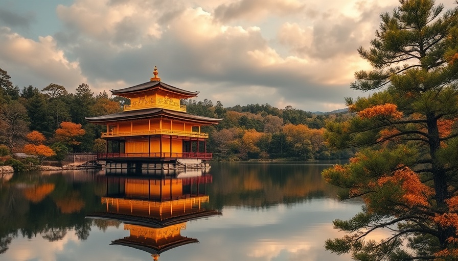Golden pavilion reflecting on a pond, travel in October atmosphere.