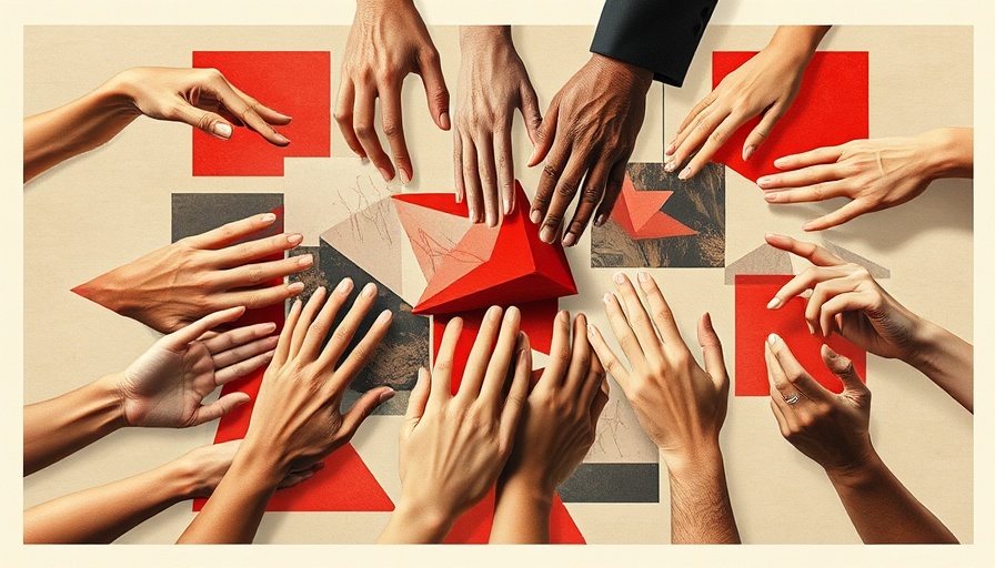 Abstract collage with hands and shapes, conceptual business theme