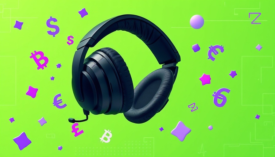 Futuristic headset with currency symbols on green background, AI theme