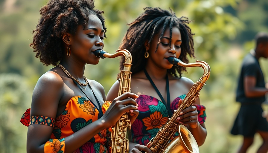 Stylish women performing with saxophone outdoors, Amapiano music genre.
