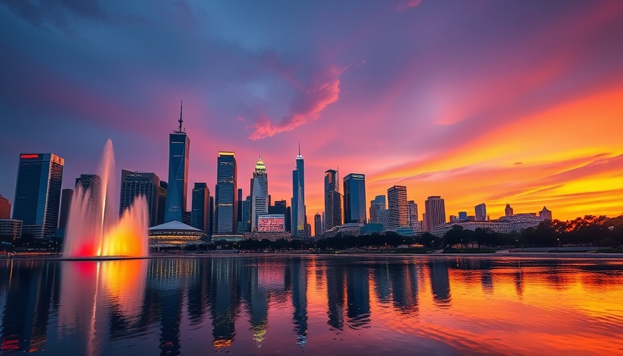 Travel inspiration: vibrant city skyline at sunset reflecting on lake