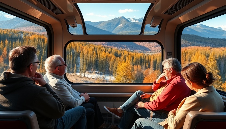 Scenic train journey through Canada with passengers and panoramic views.