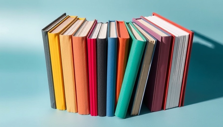 Colorful hardcover books creatively arranged on blue background.