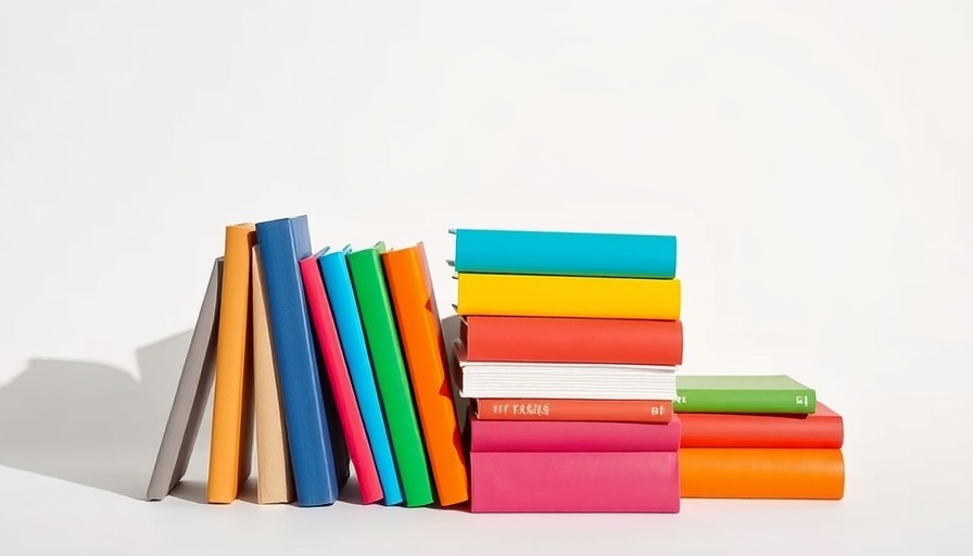 Colorful books arranged creatively on plain background.