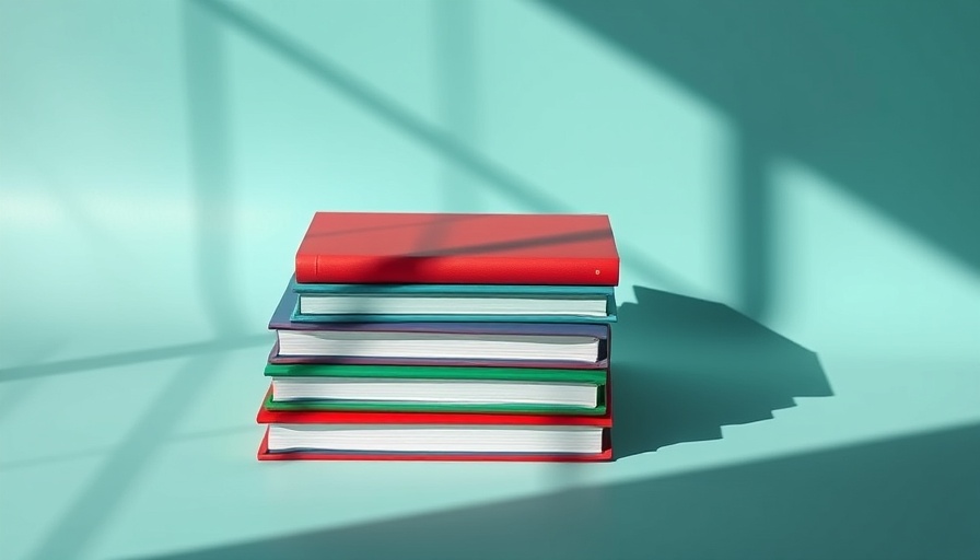 Colorful books stacked on teal background, bright and dynamic.