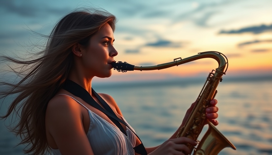 Amapiano Jazz musician playing saxophone by the sea at sunset.