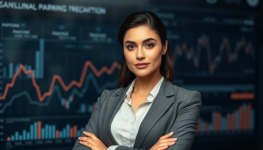 Professional woman in business setting with abstract graphs.