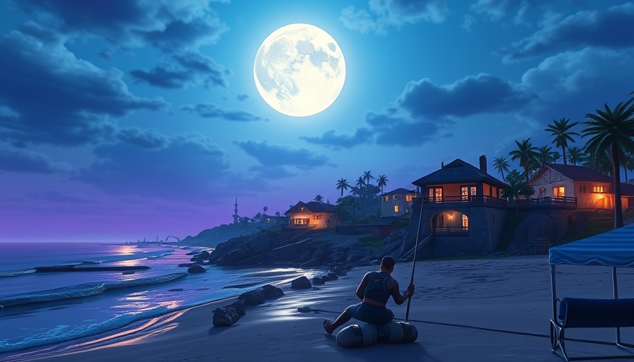 Moonlit Fortnite village by the sea showcasing scene graph.